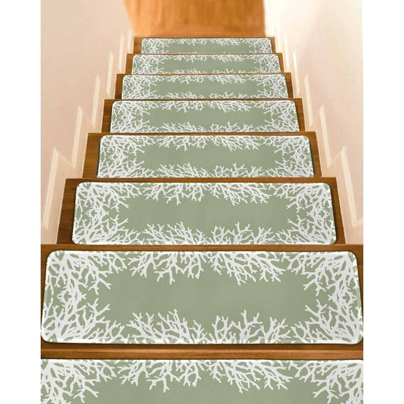 Coastal Coral Stair Treads for Wooden Steps Indoor Runner Rug Carpet, Sage Green Ocean Marine Nautical Beach 7 Pieces Peel and Stick Staircase Step Treads Covers Washable Throw Door Mats, 30"x8"