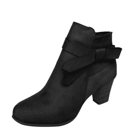 

jsaierl Fashion Pure Color Round Toe Bowknot Zipper Square Heels Vintage Women Boots