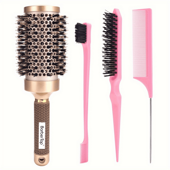4-piece set of natural bristle circular brushes, nano thermal ceramics and ion technology&anti-static, roller brush, used for drying, curling, straightening, increasing volume and gloss