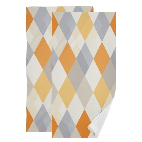 Gray Orange Yellow Diagonal Plaids Hand Towel Absorbent Bath Towels for Bathroom Sports Gym 28" x 14" Set of 2