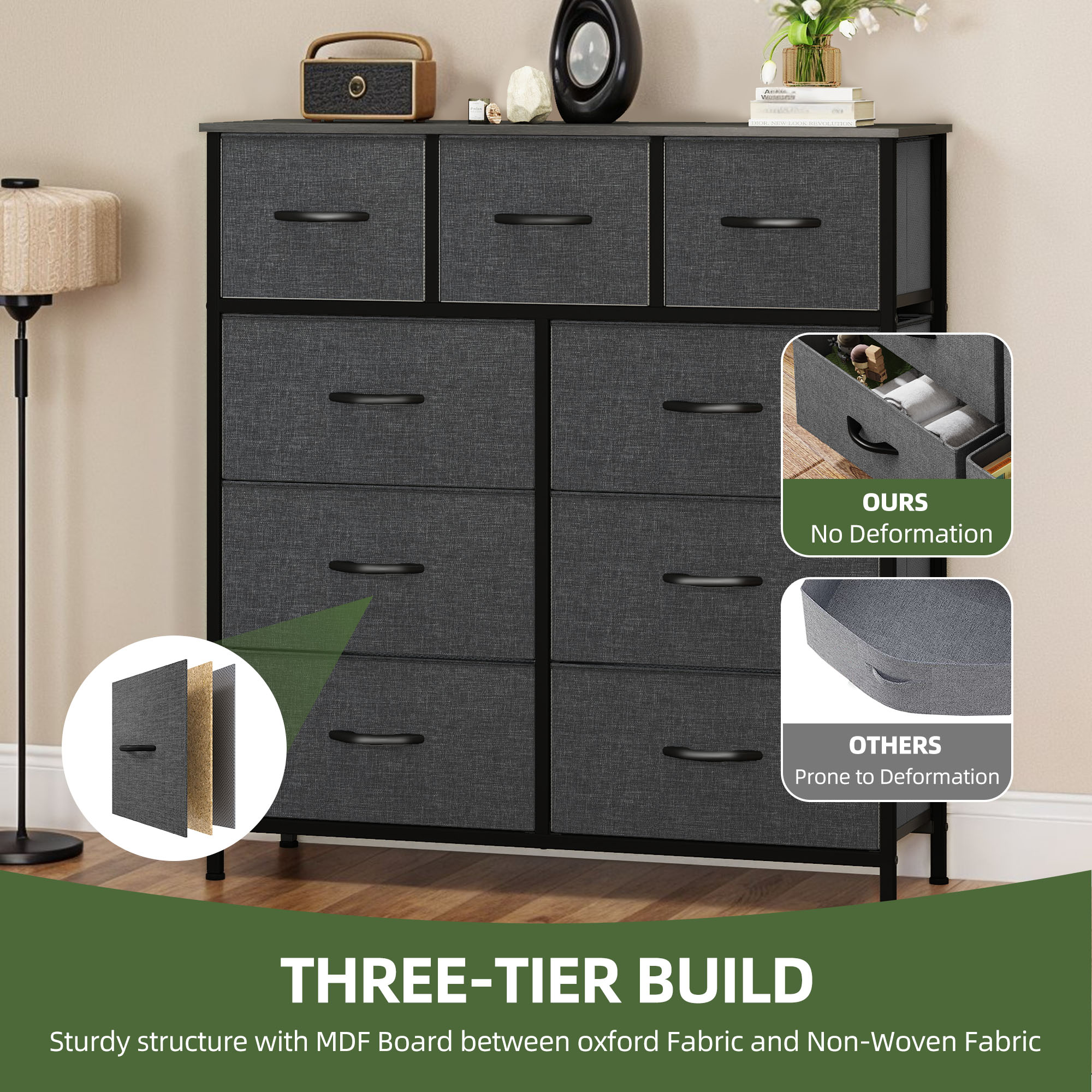 Uforic 9 Drawer Fabric Storage Dresser with Steel Frame for , Living Areas, Hallways, Closets, and Offices, Black Gray