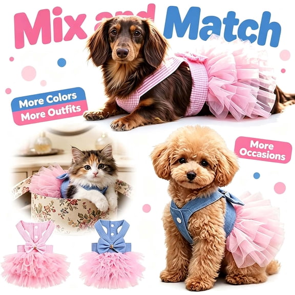 2Pcs Girl Dog Clothes, Bowknot Mesh Dress for Small Dogs Puppy _ L _ Blue Pink