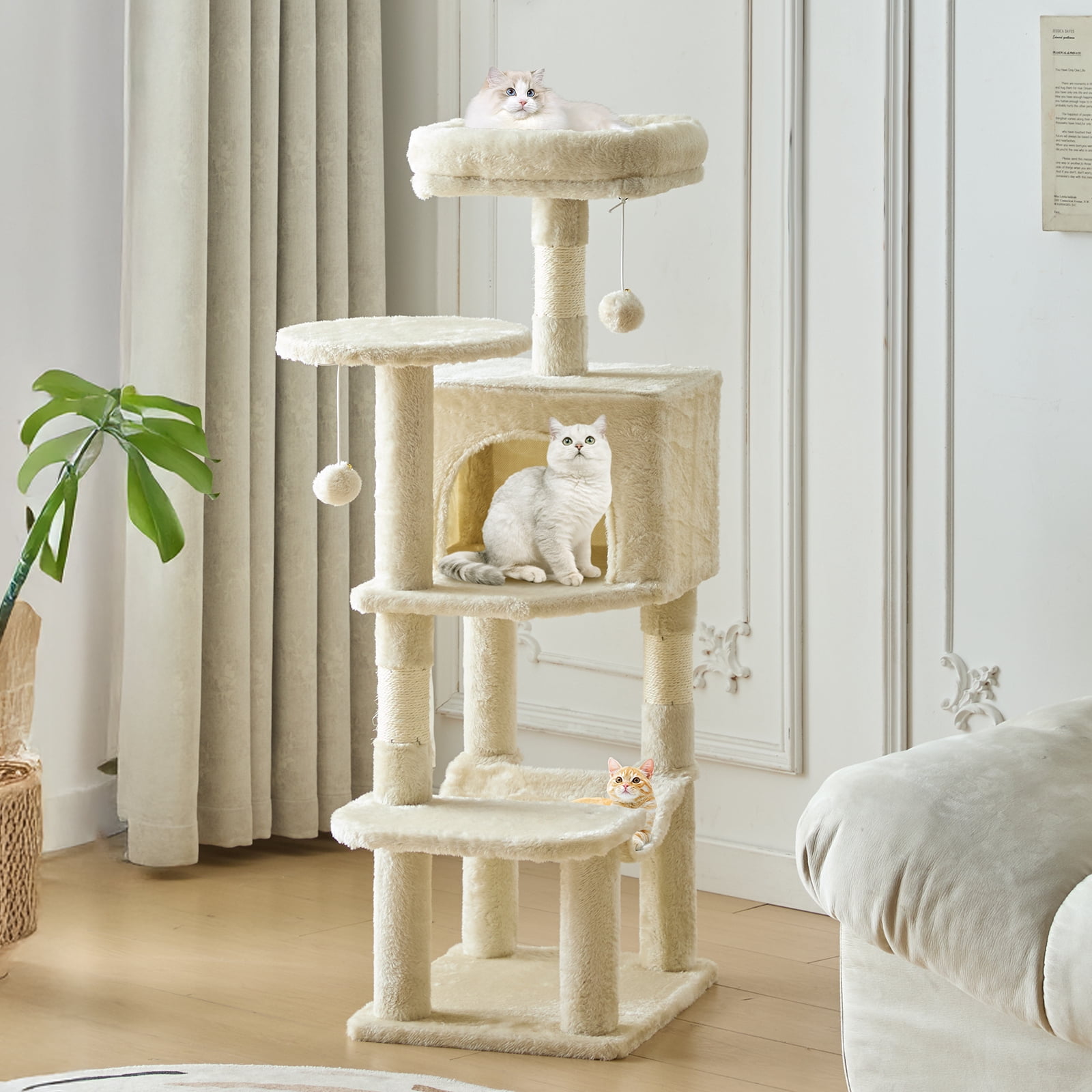 JIOABL 44" Multi-Level Cat Tree Tower with Hammock, Condo, Climbing Plates, Plush Toy, Kitty Playing House, Beige
