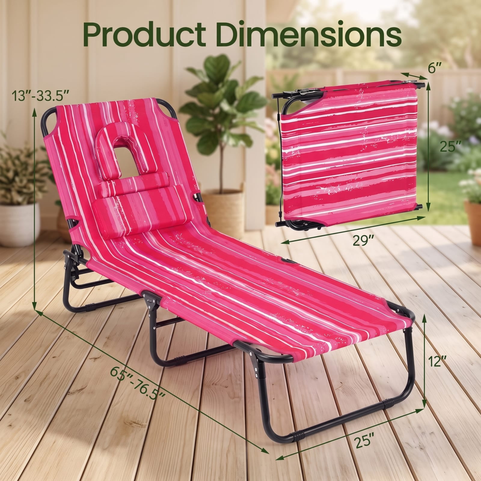 Furnibear Pink Stripe Folding Patio Chair Metal for Porch Deck Balcony Holds 330 lbs Weather-Resistant Outdoor Furniture