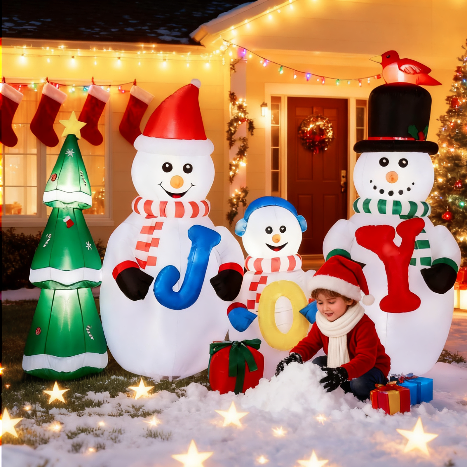 Astoutdoor 8 ft Lighted Christmas Inflatable Decoration, Snowman Family with JOY and Xmas Tree, Blow Up Yard Decor with Built-in LED Lights