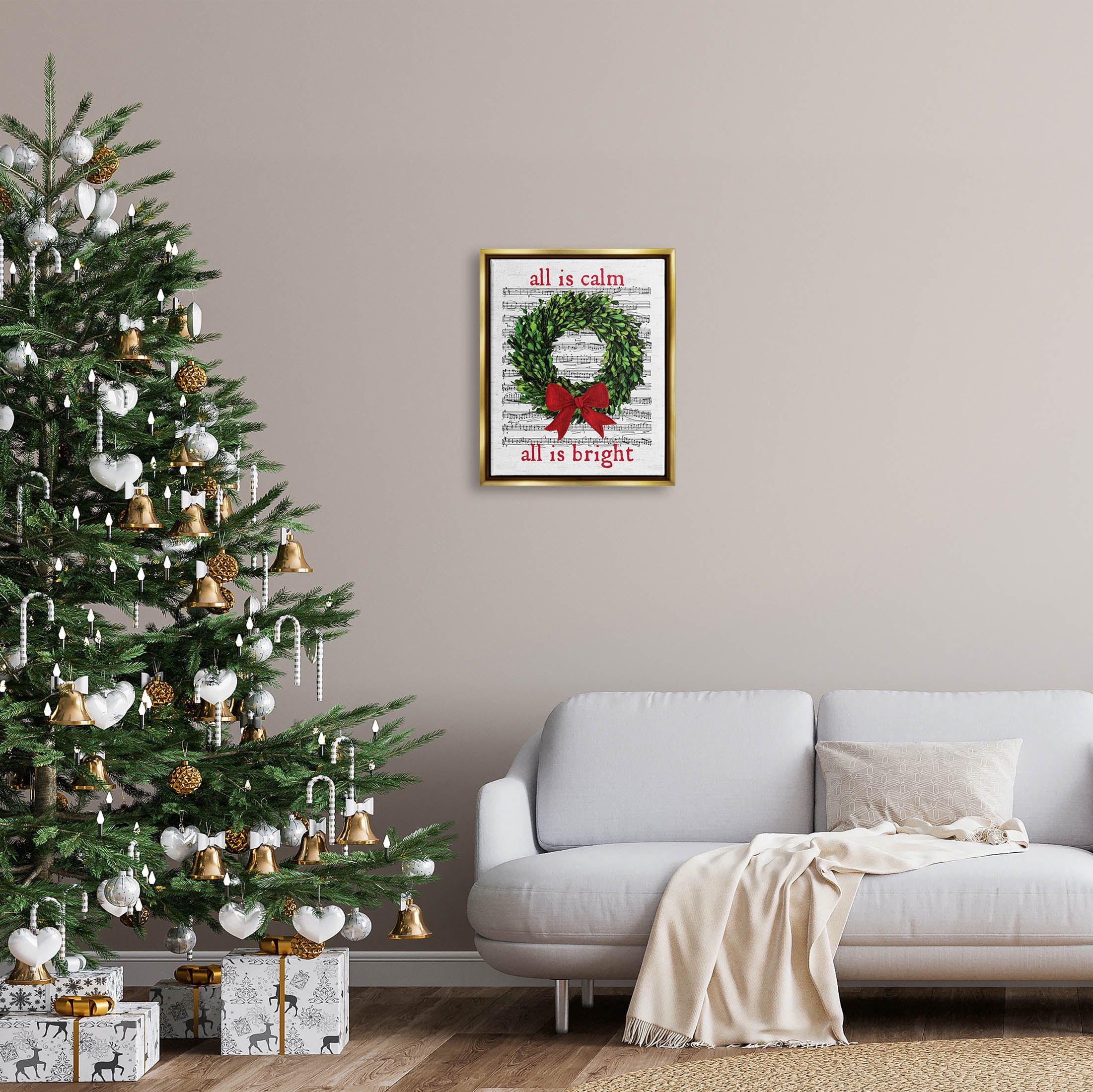 Stupell Industries All Is Calm Christmas Song Graphic Art Metallic Gold Floating Framed Canvas Print Wall Art, Design by Lettered and Lined