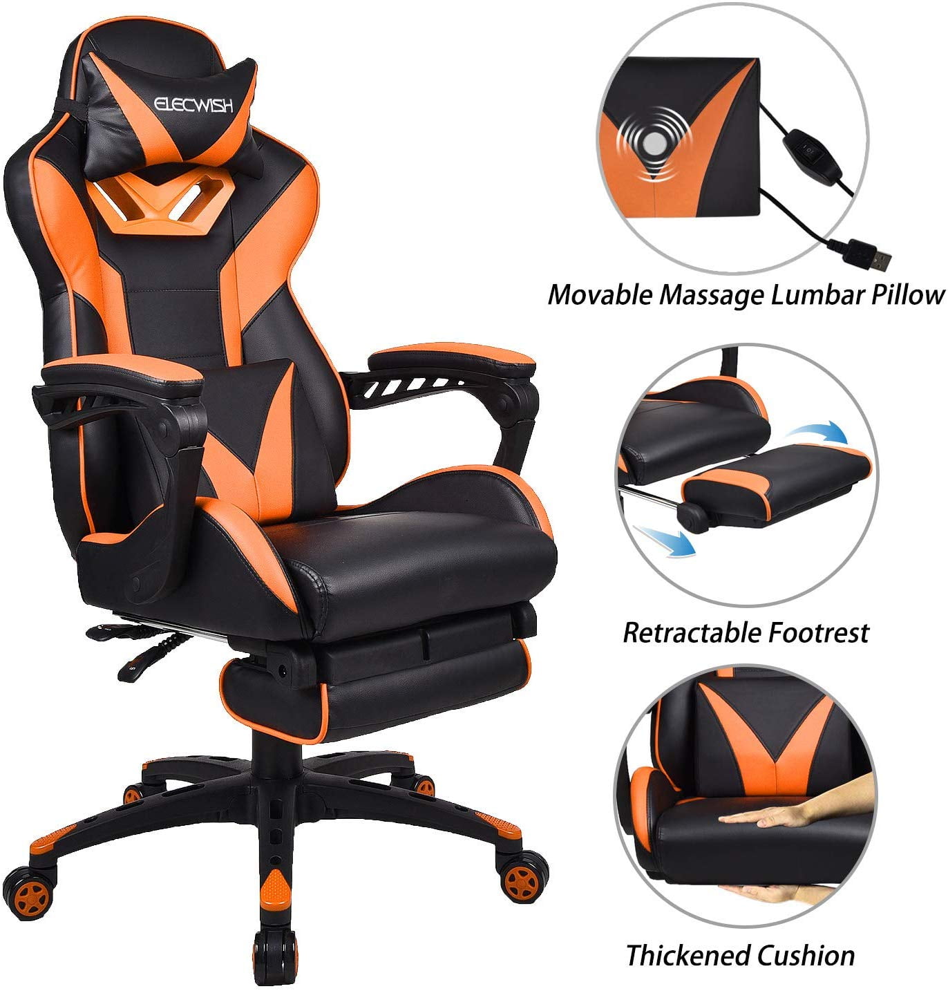 Game Chair Office PU Leather Chair massage chair Adjustable 360° Black & Orange 