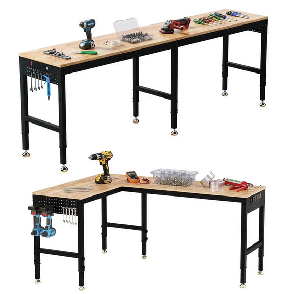 Getyes 72" L-Shaped Workbench with Power Outlets, 5000 LBS Heavy Duty Adjustable 2-in-1 Work Table, Rubber Wood Pegboard Workstation for Garage and Workshop