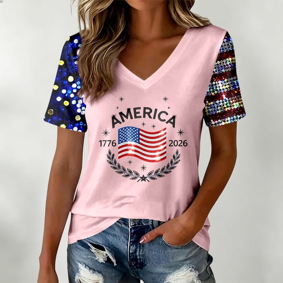 haizhen 250 Anniversary USA Shirt Women Summer V Neck Sparkly 250th Anniversary Flag Graphic Tees Patriotic 4th of July Shirts Women July 4th Tshirts Going Out Tops Pink, L