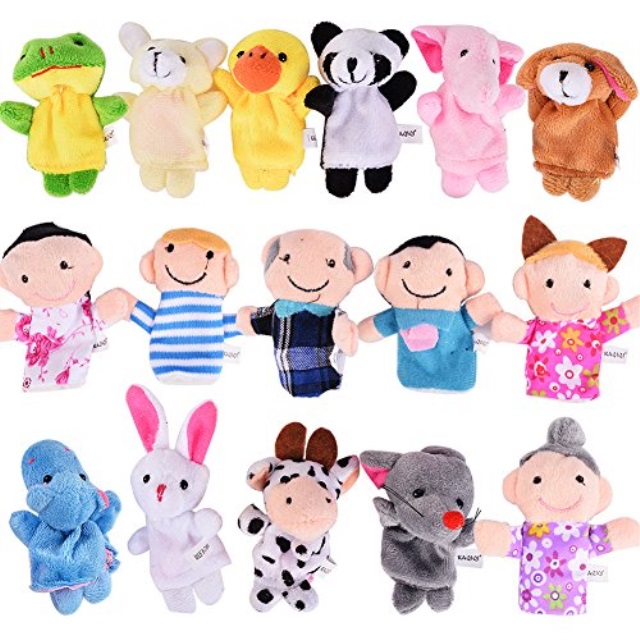 thinkmax 16 pack soft plush finger puppets set mansa 10 animals + 6 people family members