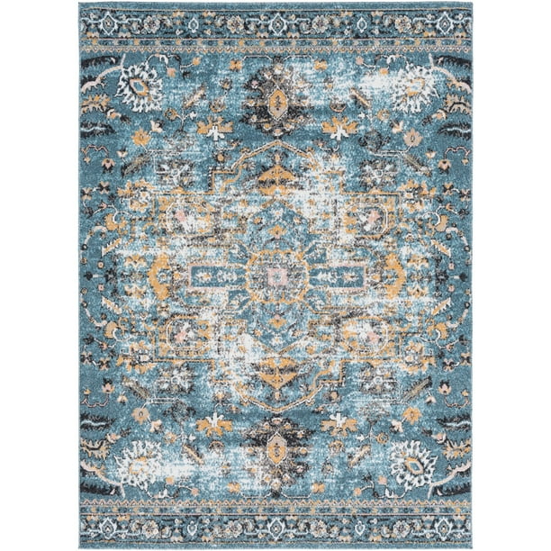 7.8' x 10.1' Distressed Finish Aqua Blue and Mustard ...