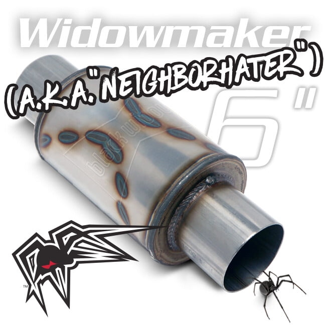 Black Widow Exhaust BW0012-30 Exhaust Muffler; Widowmaker; 6 Inch Length x 5 Inch Height; Round; Stainless Steel Case; Single 3 Inch Center Inlet; Single 3 Inch Center Outlet