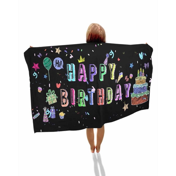 Happy Birthday Beach Towels Oversized Super Absorbent, Birthday Gifts Cake Balloons Black Lightweight Bath Towel Quick Dry Sets For Bathroom/Pool/Rv Camping/Beach Play/Gym Room/Picnic 35"x70"