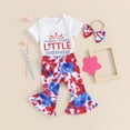 thumbnail image 2 of Bagilaanoe 4th of July Outfits for Newborn Baby Girls Short Sleeve Letter Print Romper Tops + Tie-Dye Flare Trousers + Headband 3M 6M 12M 18M Infant Independence Day Clothes 3pcs Pants Set, 2 of 9