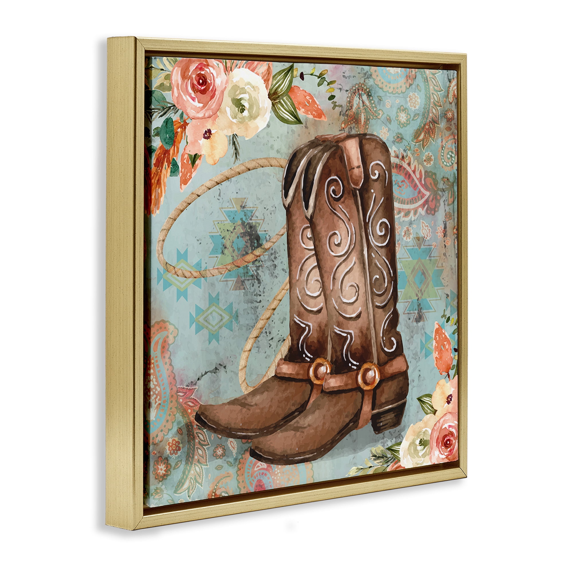 Stupell Industries Cowboy Boots Western Paisley Florals Botanical & Floral Painting Gold Floater Framed Canvas Art Print Wall Art, 18 x 18