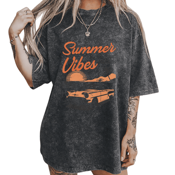 Black Washed Summer Vibes Car Print T-Shirt Graphic Tees Shirts Beach Streetwear S-2XL Mystical Tops