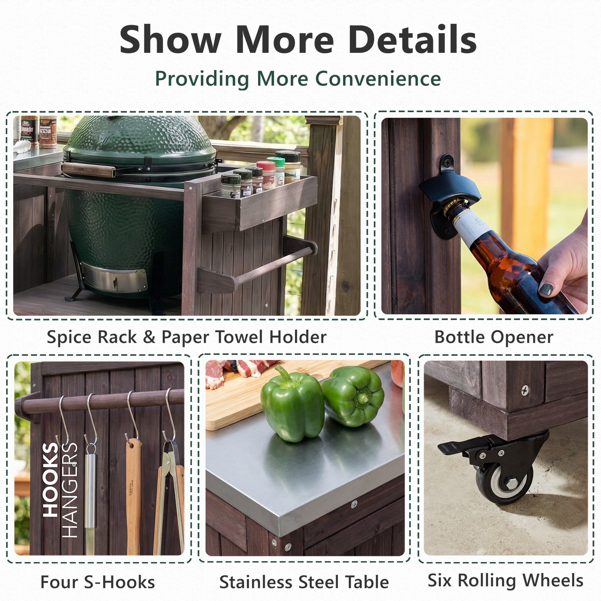 AENKYO 80.5" Outdoor Kitchen Island for Big Green Egg & Blackstone, Wood Grill Cart with Stainless Steel Top, Dark Brown