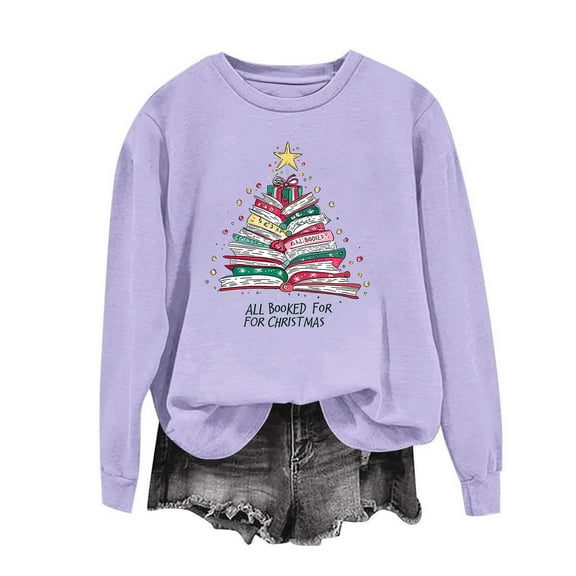 HOMBOM Sweatshirts for Women Festive Athletic Christmas Purple Merry No Hood Xmas Crewneck Adults Sweatshirt