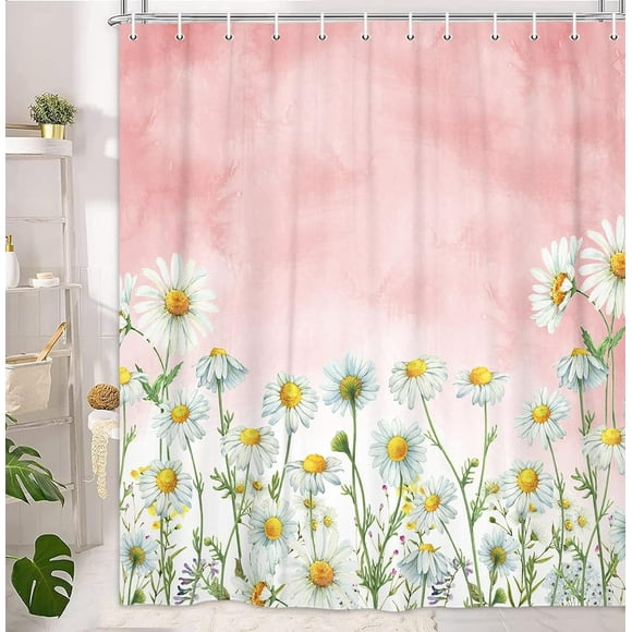 Red Daisy Floral Shower Curtain - Rustic Farmhouse Boho Style, White Daisy Pattern, Includes 12PCS Hooks, 70X70IN, Adds a Bright and Cheerful Accent to Any Bathroom Decor