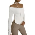 thumbnail image 2 of Biekopu Women’s Summer Off One Shoulder Tops, Long Sleeve Solid Color Slim Fit T-Shirts with Choker, 2 of 6