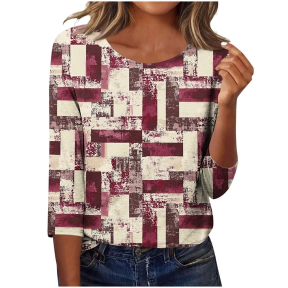 Atogsazn Women's 3/4 Sleeve T Shirts Casual Crewneck Loose Shirt Basic Tunic Top Business Dressy Work Blouses 02-Red XXL