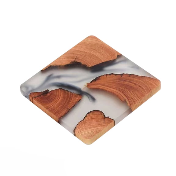 PRYESS Cypress Wood Resin Coaster Set, Modern Epoxy Drink Coasters for Most Cups, Wooden Table Protector Coasters with Geometric Design, Set of 4