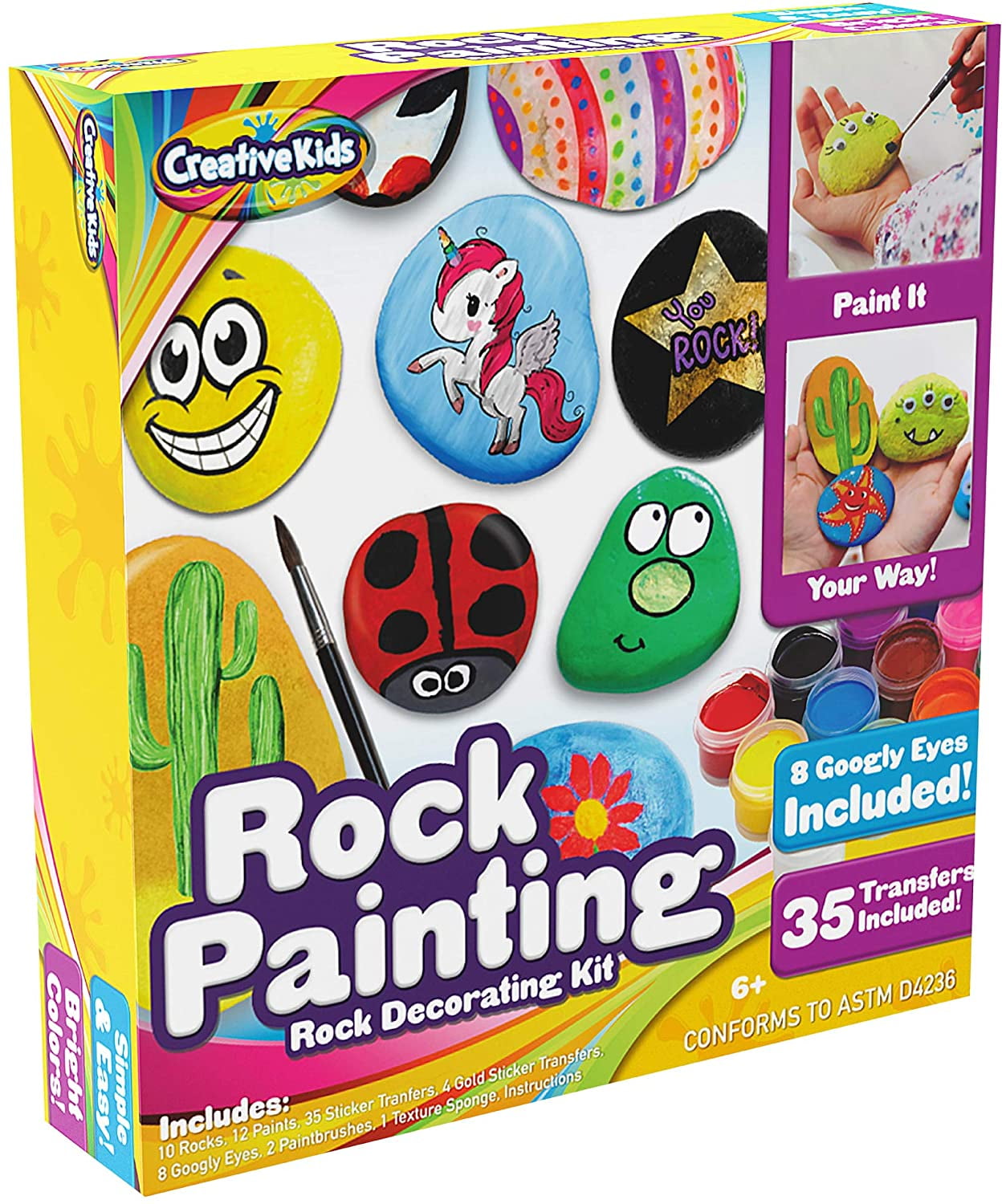 Rock Painting Outdoor Activity Kit for Kids – DIY Art Set w/ 10 Hide and Seek Stones, 12 Acrylic Paint Tubes & 2 Brushes – Fun Googly Eyes, Easy Transfer Design for Boys & Girls