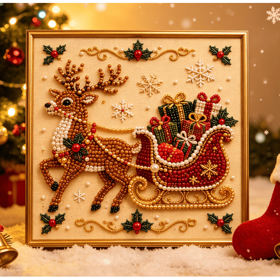 DIY Christmas Pearl Diamond Painting Art Kit with Frame, Christmas Pearl Beads Art Craft for Adults Beginner, Gemstone Diamond Dots Beads for Home Wall Decor, Healing Stress-Relieving (1PC)