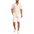 thumbnail image 2 of INSPIRE CHIC Men's Camp Collar Casual Button Down Short Sleeve Hollow See Through Shirts M Beige, 2 of 5