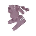 thumbnail image 1 of xiaxaixu Infant Baby Girl Fall Outfit Solid Color Ribbed Long Sleeve Romper Long Pants Bow Headband 3Pcs Set, 1 of 9