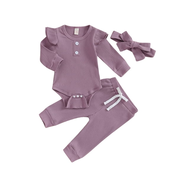 xiaxaixu Infant Baby Girl Fall Outfit Solid Color Ribbed Long Sleeve Romper Long Pants Bow Headband 3Pcs Set