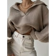 thumbnail image 2 of Women Long Sleeve Sweaters Oversized Stretch Fitted Pullover Sweater Ribbed Solid Color Knit Jumper Tops Khaki L, 2 of 6