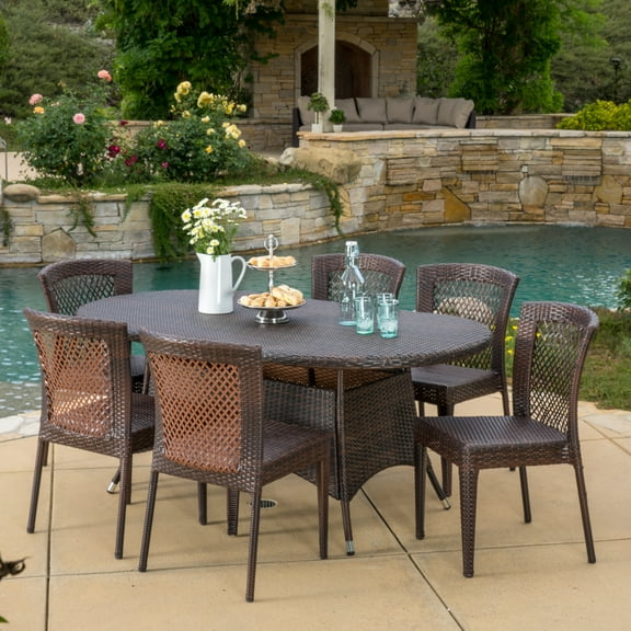 Cisneros 7 Piece Oblong Wicker Dining Set, Multibrown