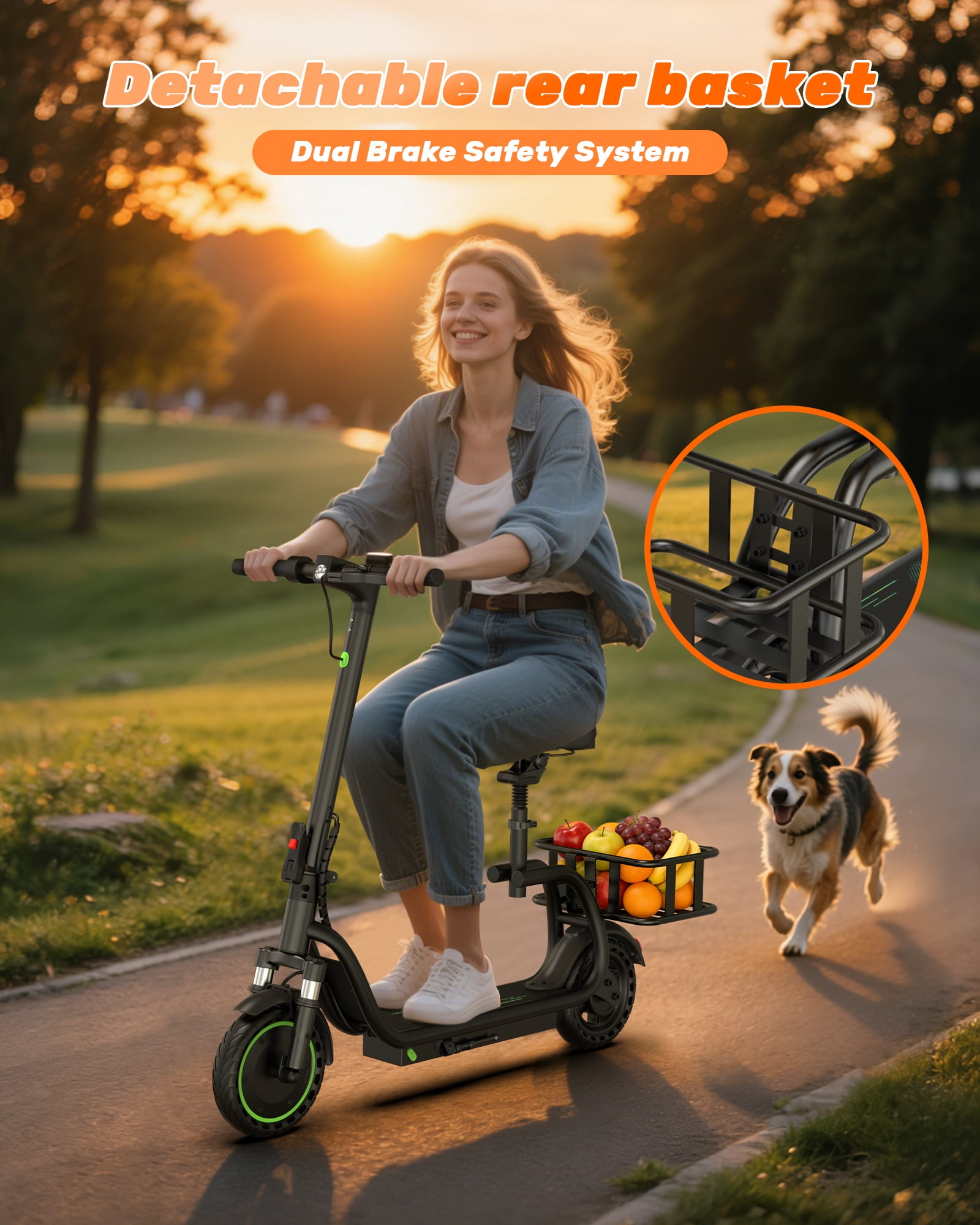 Electric Scooter with Seat for Adults, Foldable Commuter E Scooter with APP Control, Rear Basket, Front Suspension, 15 Miles Range, 19MPH, UL2272 Certified