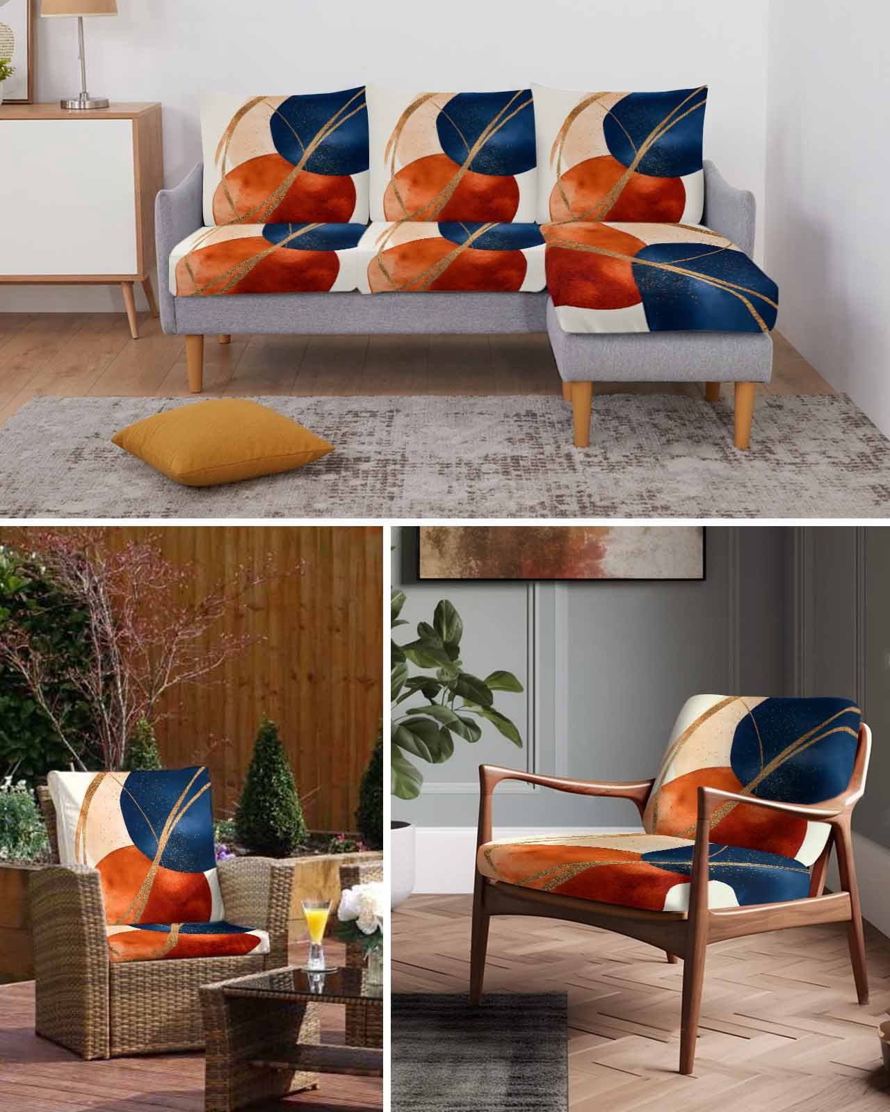 Navy Blue Burnt Orange Couch Cushion Covers Stretch, Washable Sofa Seat Covers Individual Seat Cushion Sofa Slipcovers Geometric Modern Boho Art Couch Cover Furniture Protector S-1PCS