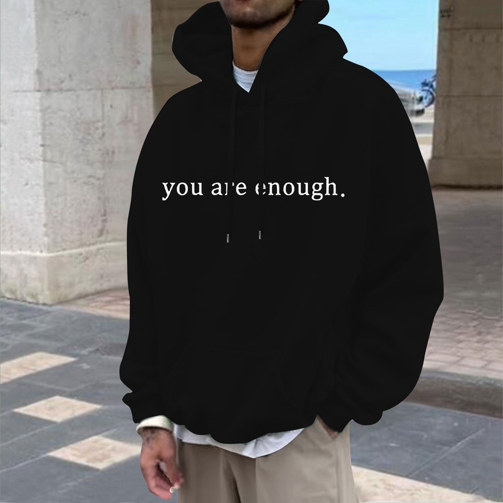 CONFREE Mens Hoodies Letter Prints Hoodies For Men Graphic Long Sleeve Casual Pullover Hooded Sweatshirts With Pockets