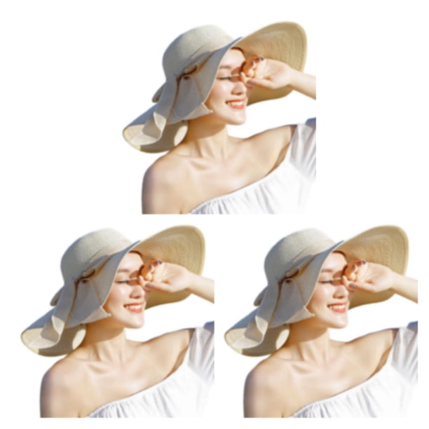 Sombrero para el sol Qarigey para mujer con ala grande de paja y protección solar plegable beige