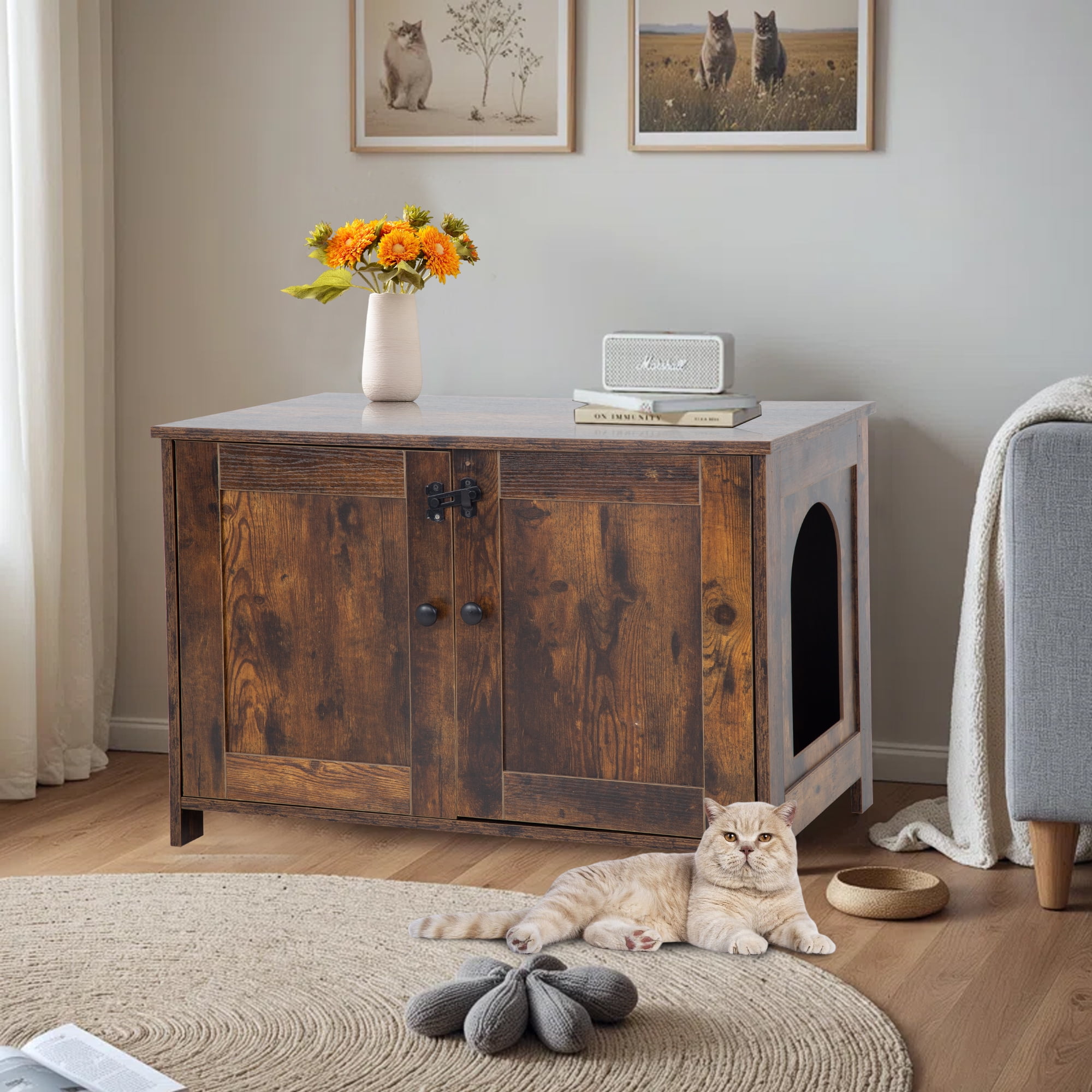 CL.HPAHKL Cat Litter Box Enclosure Furniture, Cat Litter Cabinet Hidden Wooden Cat Washroom with Removable Divider Cat House Cat Box for Livingroom & Entryway, Fit Most Cats and Litter Box, Brown