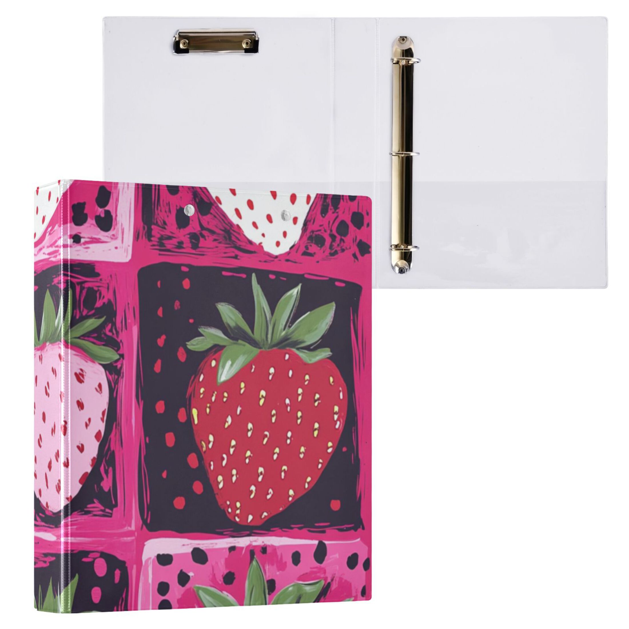 Strawberrys and Grids 3 Ring Binders 1.5 inch Hardcover File Folders with Interior Pockets A4 Size Organizer for School Office Hospital