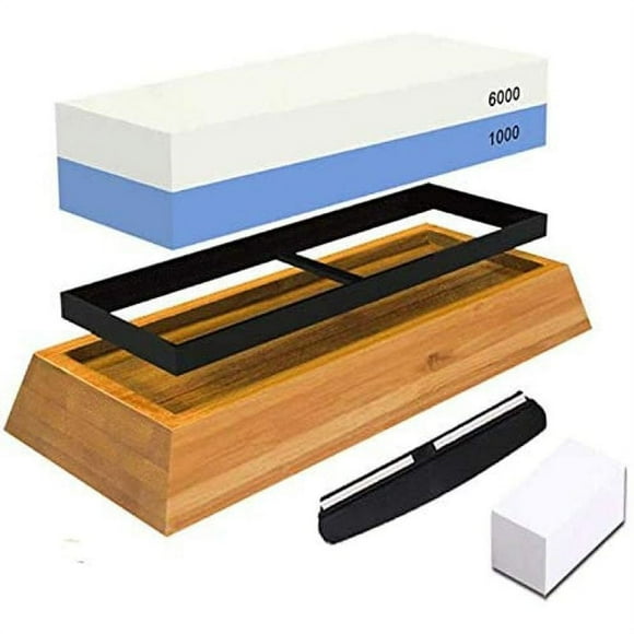Non-slip Design Sharpening Stone, Professional Grade Dual-sided Whetstone 1000/6000 Grit, Bamboo Base Included, Superior Bundle for Kitchen, Workshop & Outdoor Activities