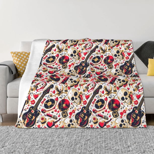 Fotbe Guitar Skull rock Manta de Franela con Estampado, Manta Ultrasuave para Cama, Sofá, Auto, Hipoalergénica y Antibolitas-40"x30"