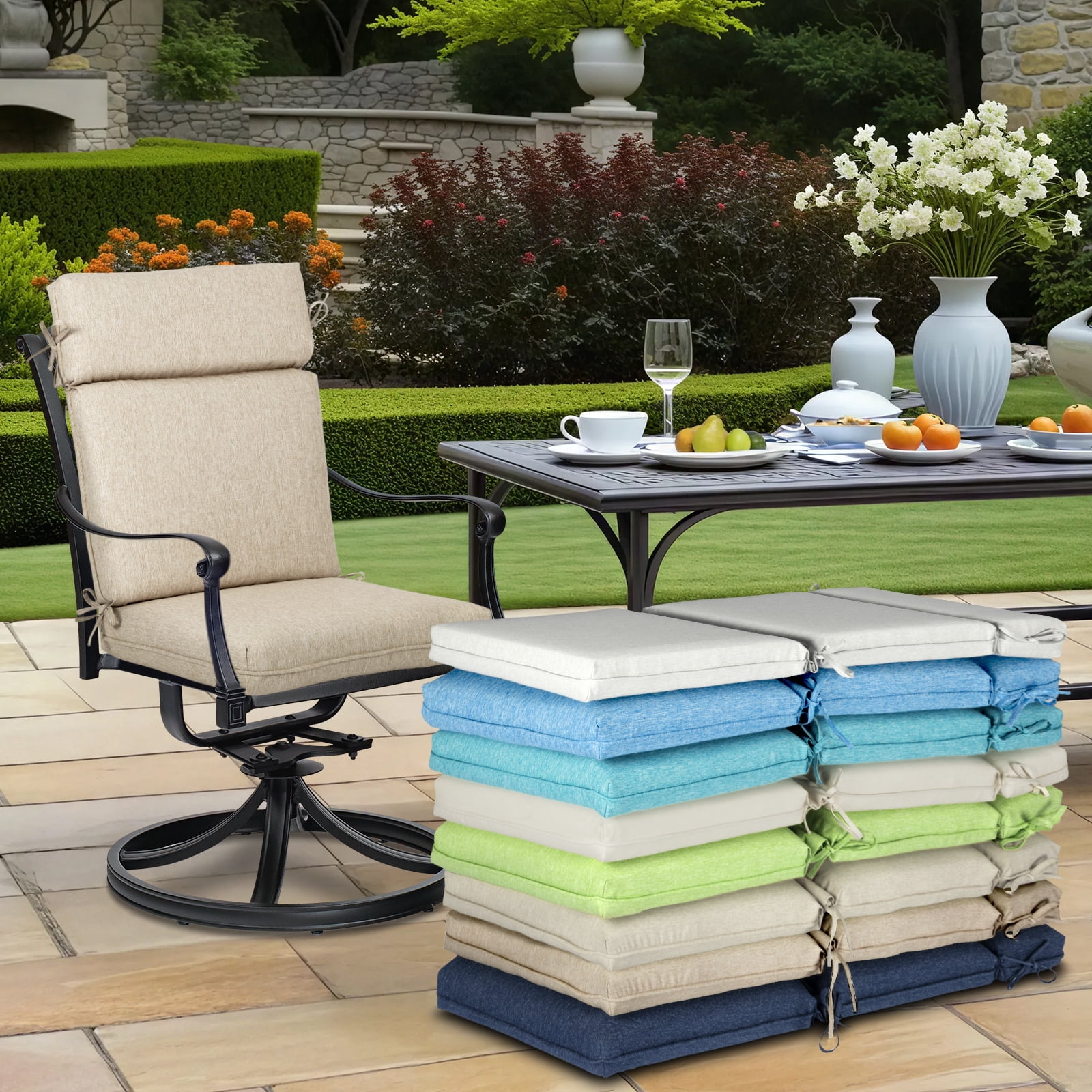 BPS Outdoor High Back Dining Chair Cushion Set, 37"x20"x2.8", TPU Water Repellent Coating&Stain Resistant, Polyester Fabric Cover with Ties and Zipper, Brown, Set of 4