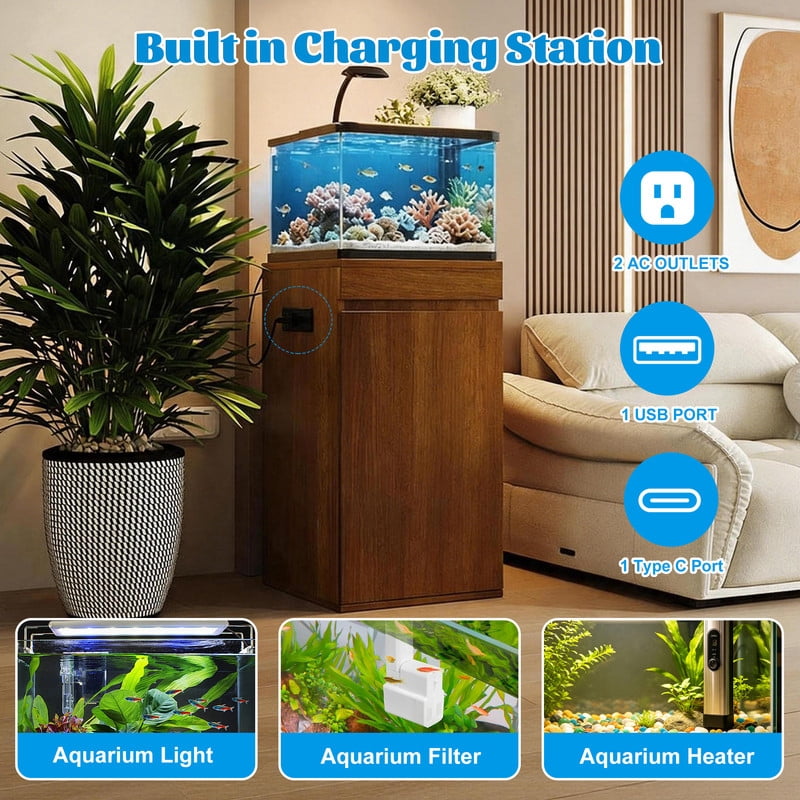 10-15 gal Fish Tank Stand with Power Outlets, Small Aquarium Stand Storage Cabinet with Adjustable Shelves