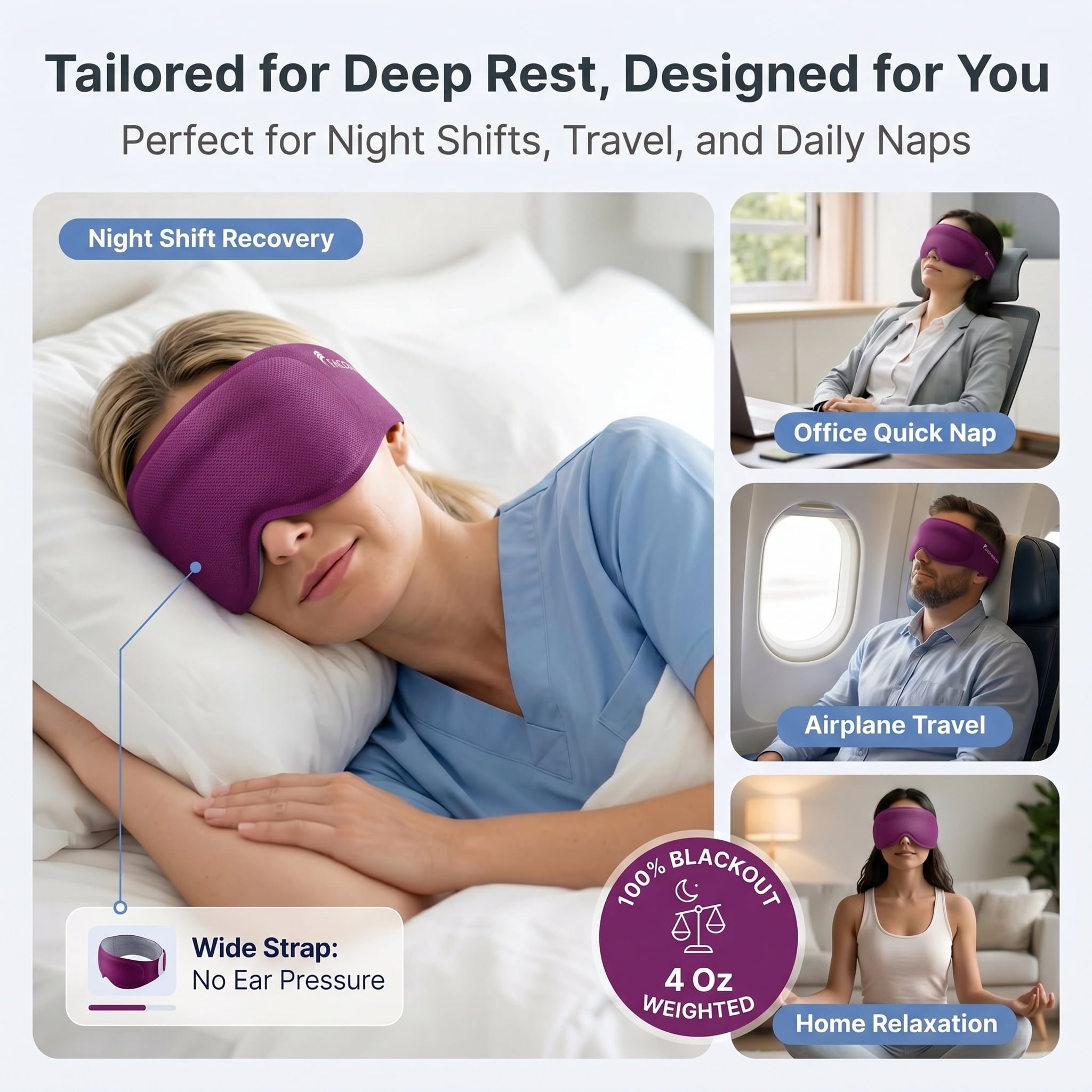 FACEMOON Weighted Sleep Mask 100% Blackout 3D Contoured for Men and Women Luxurious Night Sleep Soft Memory Foam Zero Pressure Travel Essential Purple