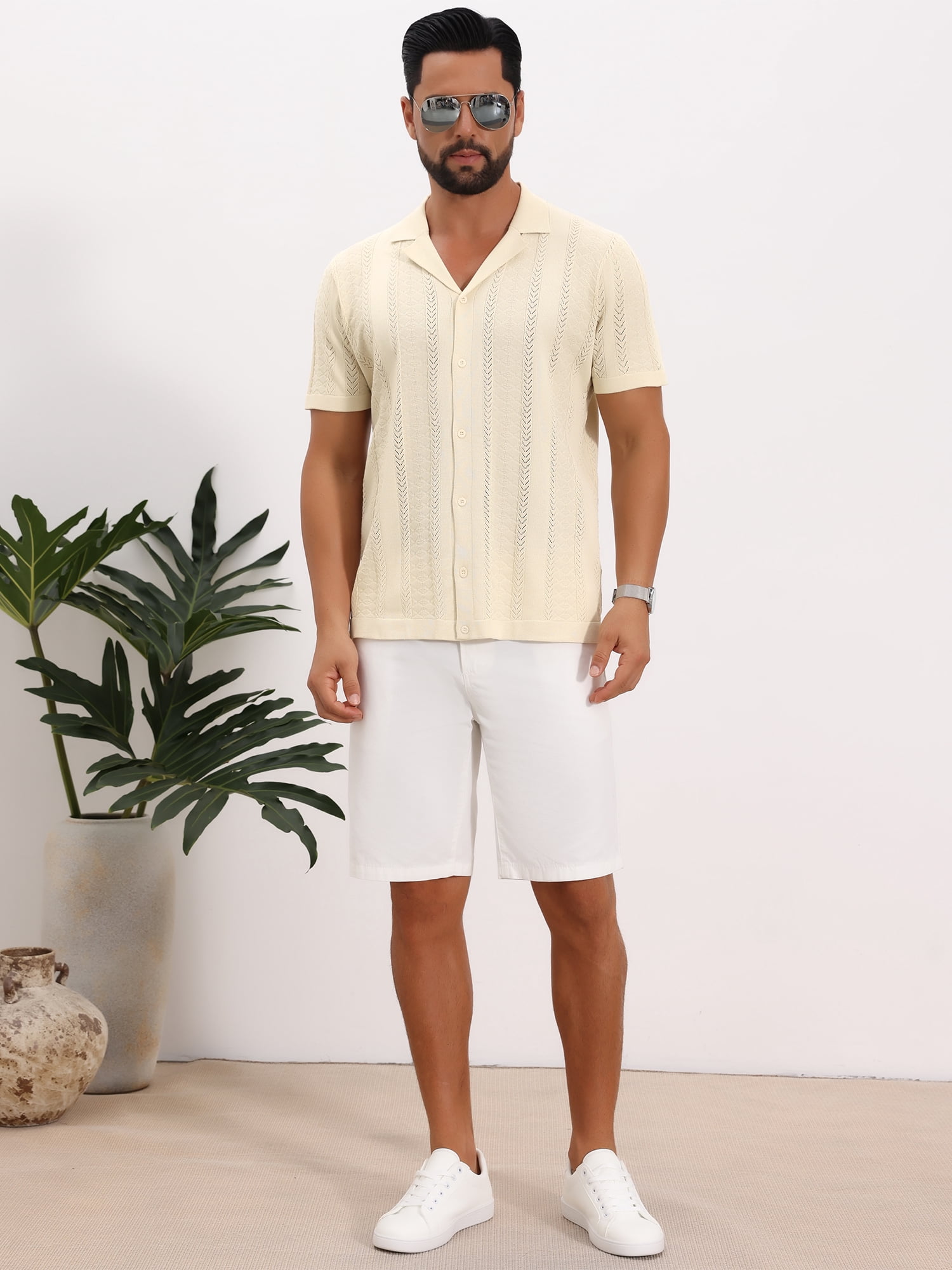DARING DIVA Men's Hollow Knitted Shirt Short Sleeve Button Down Striped Shirts XL Beige