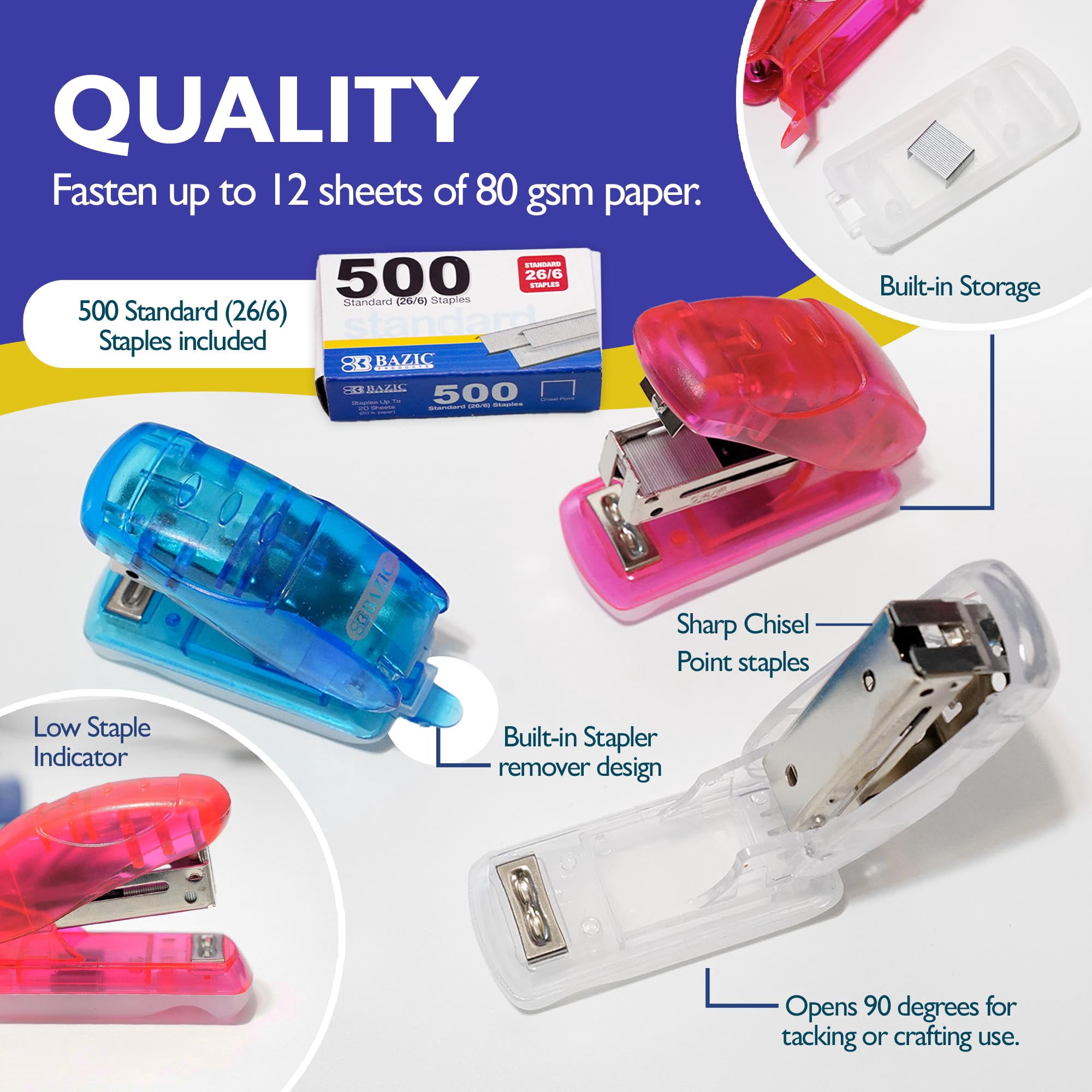 BAZIC Mini Stapler w/500 Staples, Standard (26/6) Built-in Staple Remover,24-Pack