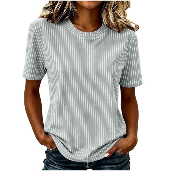 cocolona Summer Striped Button Pullover Tops for Women Short Sleeve Crew Neck Shirts Loose Casual Blouses