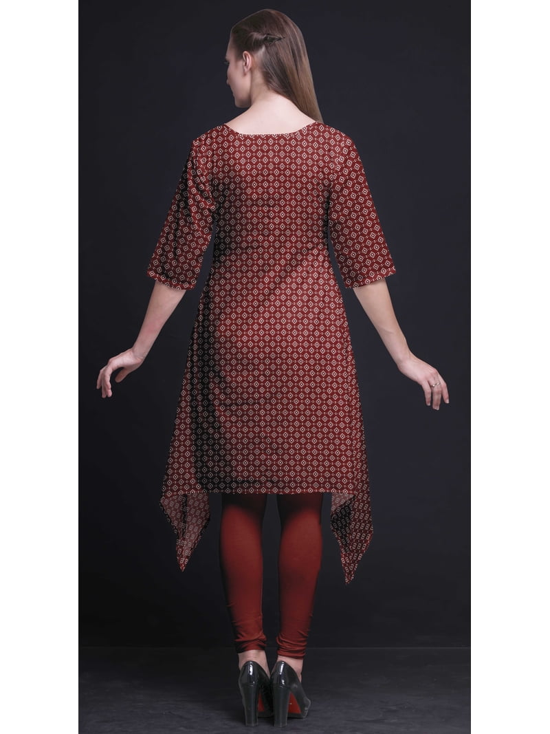 Bimba Red Geometric Ikat Printed Asymmetrical Kurti Tops For Women Indian Summer Dress Tunic X-Large
