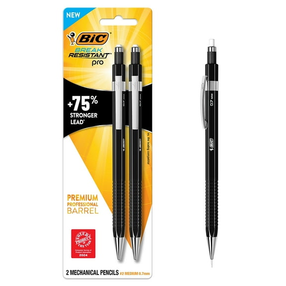 Bic Corporation MVR7P2BLK Break Resistant Pro Mechanical Pencils, 0.7 Mm, Hb (#2), Black Lead, Black Barrel, 2/pack
