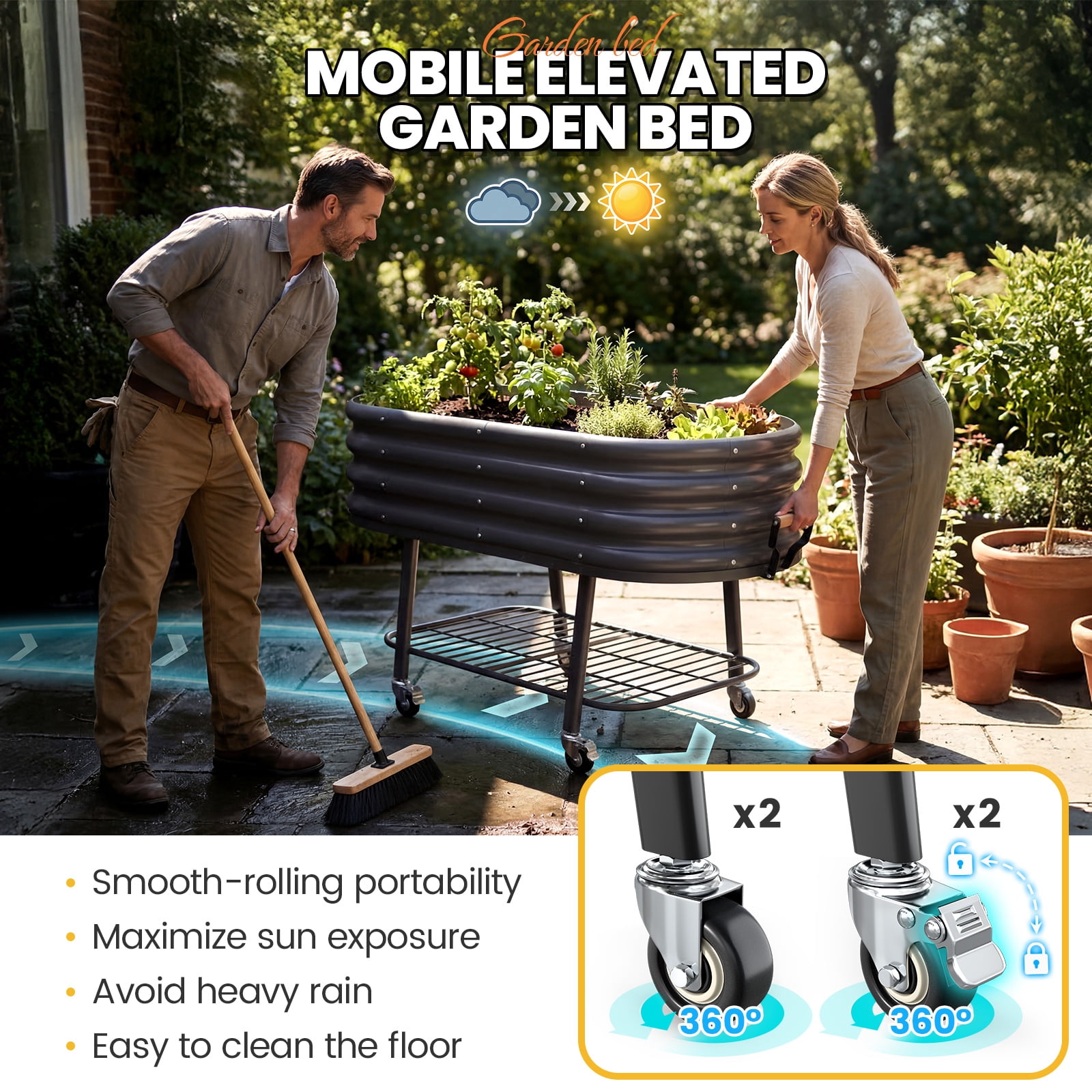King Bird Galvanized Steel Metal Raised Garden Bed Kit with Storage Shelf & Wheels 47"x23"x30" Metal Planter Box, Elevated Garden Bed  Outdoor for Vegetables Flowers Dark Gray